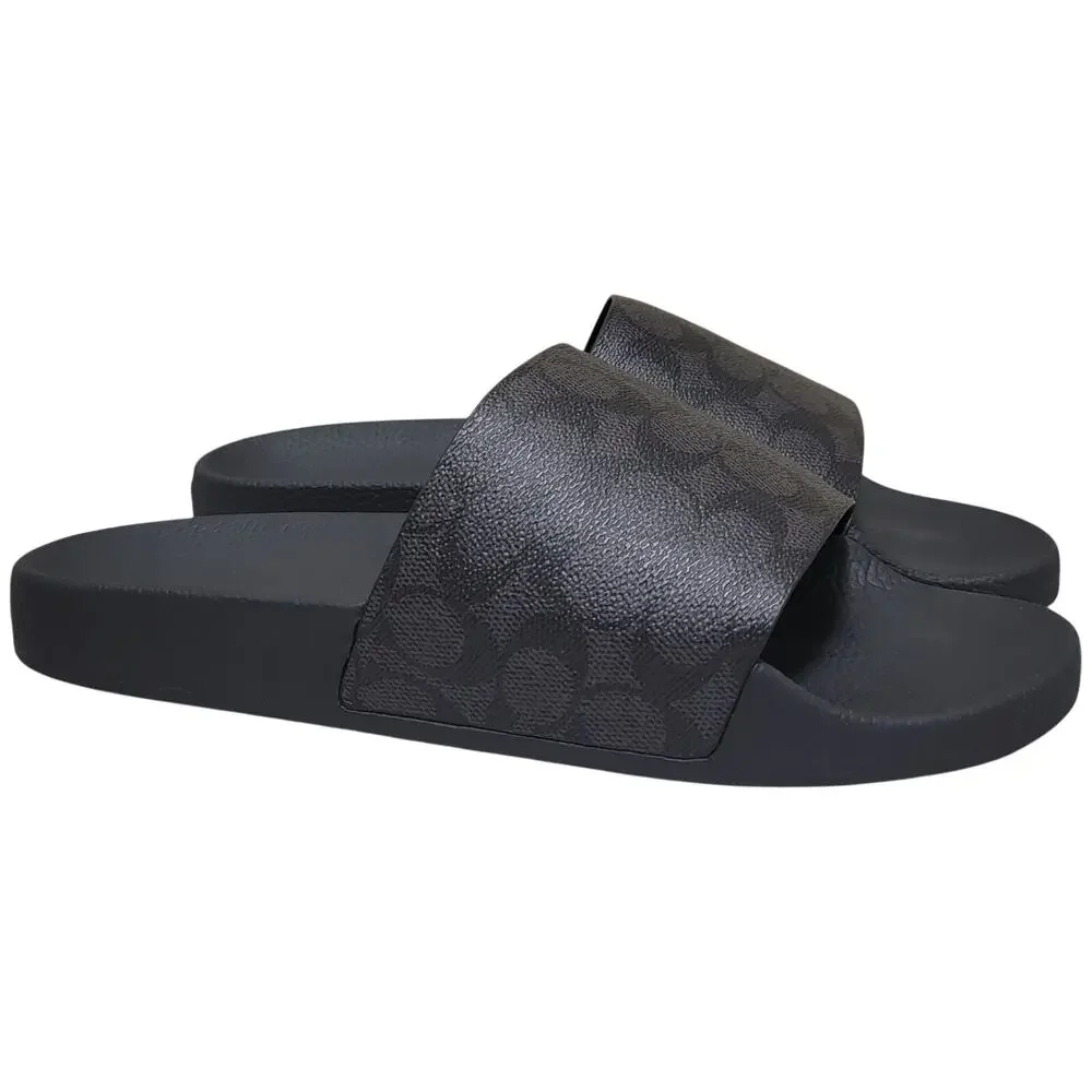Coach Men Signature Coated Canvas Pool Slide Size US 11D Charcoal Black